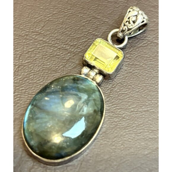 Bali Sterling Silver 925 Large Oval Labradorite Citrine 90’s Chunky Pendant - Picture 2 of 7